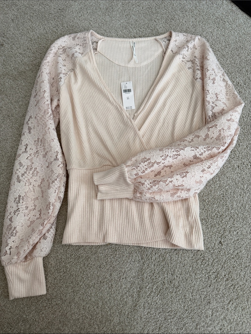 Anthropologie Blush Pink Lace-Sleeve Ribbed Wrap Top